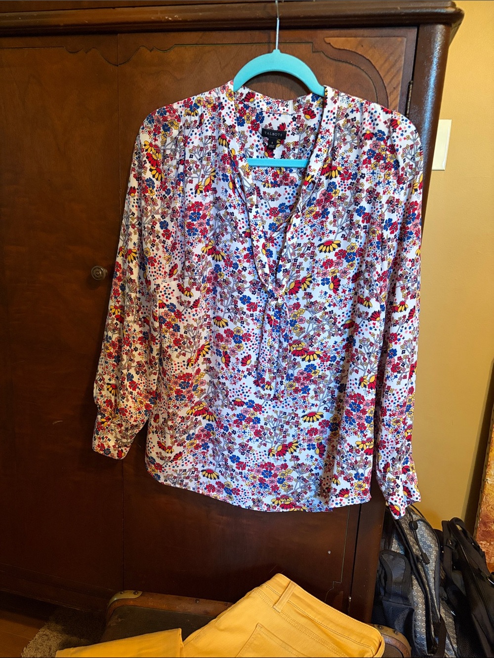 Talbots Floral Tie-Neck Long-Sleeve Blouse - White with Red & Blue
